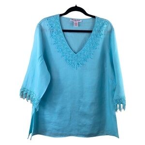Lily Stanhope Ocean Blue 100% Linen Lace Beads Beachy Blouse Tunic Cover-Up